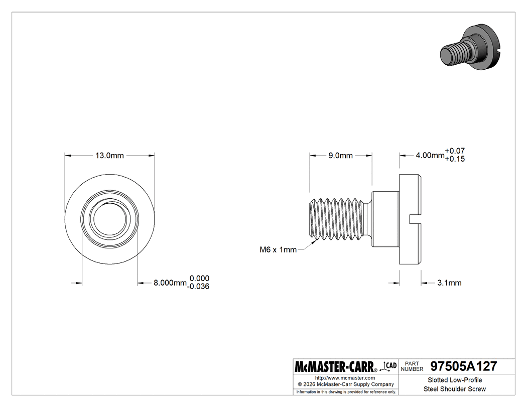 Technical Drawing of Slotted Low-Profile Steel Shoulder Screw, 8 mm Shoulder Diameter, 4 mm Shoulder Length, M6 x 1 mm Thread.